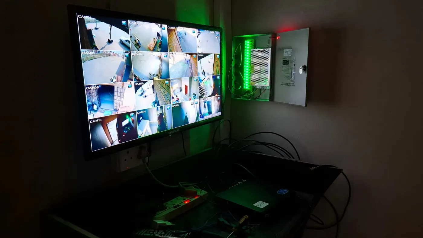 A monitor showing a grid of CCTV camera views