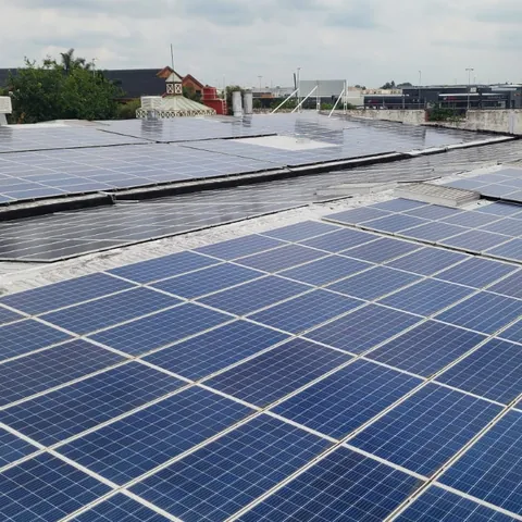 Rows of solar panels on a flat roof